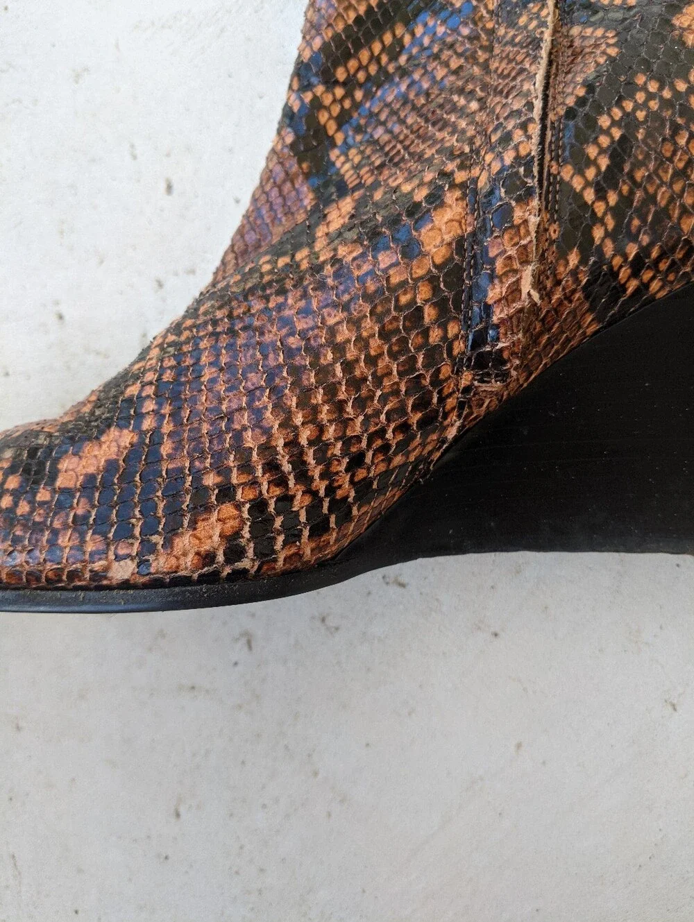 AEYDE Orange And Black Snakeskin Pointy Square Toe Ankle Wedges